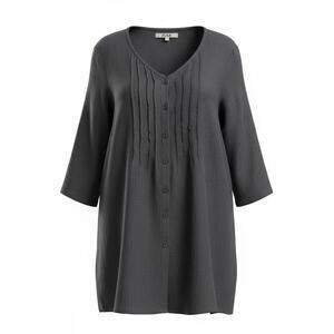FLAX Linen Pintuck Tunic Top P Gray Button Front Lagenlook Minimalist Blouse EUC